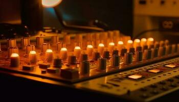 Nightclub sound mixer controls illuminated stage performance generated by AI photo