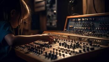 Sound engineer adjusting knob on mixing board generated by AI photo