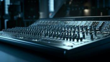 Sound engineer pushing knob on mixing desk generated by AI photo