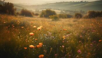 flores silvestres floración en vibrante prado a puesta de sol generado por ai foto