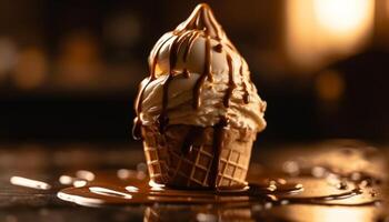 indulgente chocolate hielo crema helado con frutas y nueces con Dulce de azúcar salsa generado por ai foto