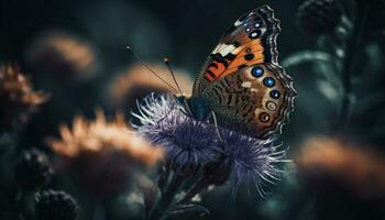 vibrante mariposa poliniza cardo en tranquilo naturaleza generado por ai foto