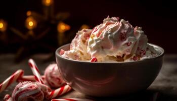 indulgente hielo crema helado con frutas y nueces con gastrónomo coberturas generado por ai foto