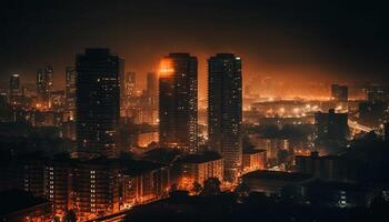 Glowing cityscape at dusk, modern architecture illuminated generated by AI photo