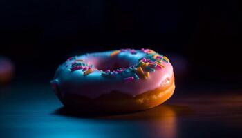 rosquilla con Formación de hielo, chocolate, y fresa generado por ai foto