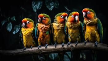 macaw perching on branch in tropical rainforest generated by AI photo