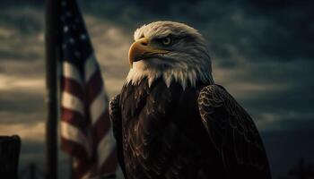 majestuoso calvo águila posado, mirando a cámara generado por ai foto