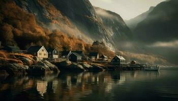 Tranquil scene of mountain hut by water generated by AI photo