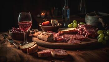 Rustic plate of prosciutto, salami, and wine generated by AI photo