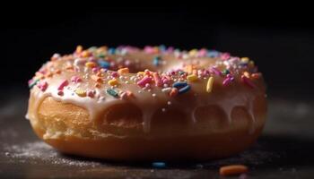 Freshly baked donut with chocolate icing temptation generated by AI photo