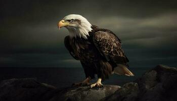 majestuoso calvo águila posado, caza con orgullo generado por ai foto