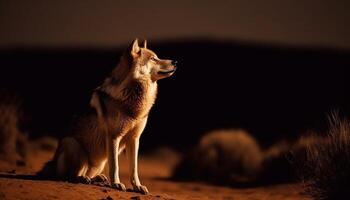 Red fox sitting, looking at sunset beauty generated by AI photo