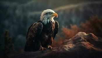 Majestic bald eagle perching on tree branch generated by AI photo