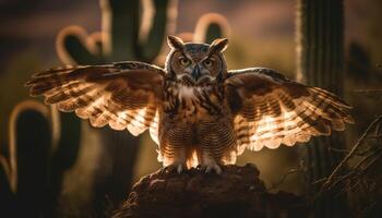 Horned owl perching on branch, staring fiercely generated by AI photo