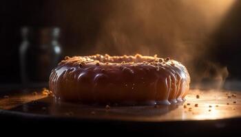 Freshly baked donut with chocolate icing and sprinkles generated by AI photo