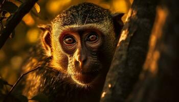 linda macaco sentado en árbol rama, mirando generado por ai foto