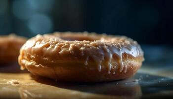 Homemade donut with chocolate icing on plate generated by AI photo