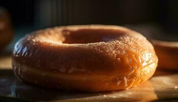 Freshly baked donut with chocolate icing indulgence generated by AI photo