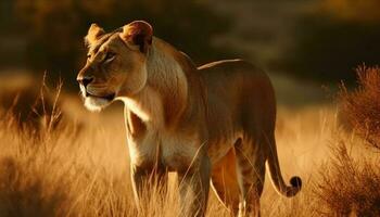 Majestic lion walking in African savannah sunset generated by AI photo