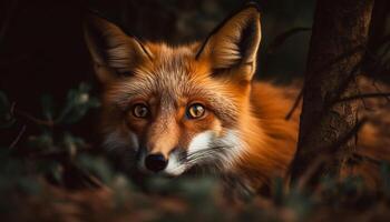 Fluffy red fox sitting in snowy forest generated by AI photo