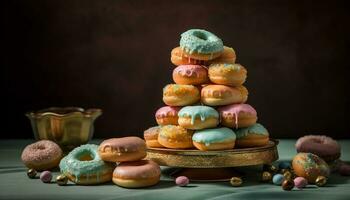 donut stack on rustic wood plate generated by AI photo