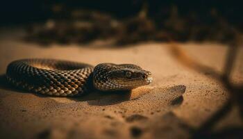 Pit viper crawling on sand, dangerous beauty generated by AI photo