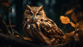 Great horned owl perching on tree branch generated by AI photo