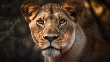 Majestic lioness staring, walking in natural beauty generated by AI photo