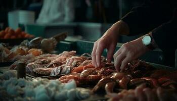 Hand holding fresh seafood for gourmet meal preparation generated by AI photo