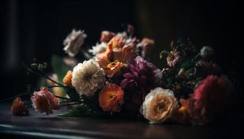 Ornate bouquet of chrysanthemums on rustic table generated by AI photo