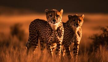 Majestic cheetahs roam the African savannah at dusk generated by AI photo