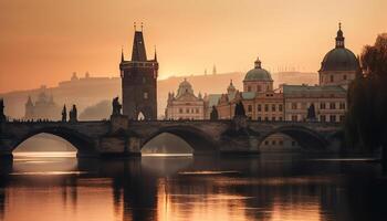 Sunset illuminates gothic architecture, reflecting on water generated by AI photo