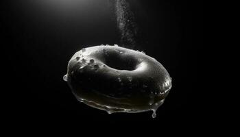 Gourmet chocolate donut levitates over dark water generated by AI photo