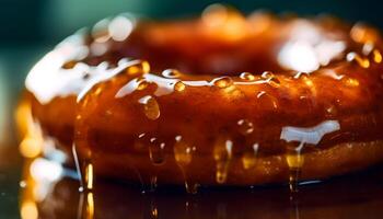 Indulgent donut and drink on wooden table generated by AI photo