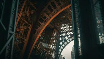 Steel arch bridge spans blue water at dusk generated by AI photo