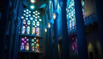 Illuminated stained glass windows illuminate the Gothic basilica generated by AI photo