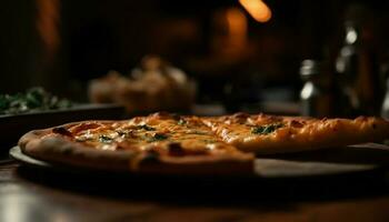 Freshly baked gourmet pizza on rustic wood table generated by AI photo