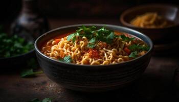 Gourmet soup bowl with fresh vegetables and pasta generated by AI photo