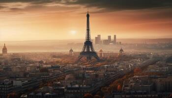 majestuoso París horizonte a oscuridad, iluminado romance generado por ai foto