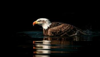 calvo águila posado, caza pescado en estanque generado por ai foto
