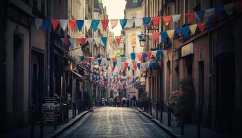 Illuminated lanterns decorate famous city street at night generated by AI photo