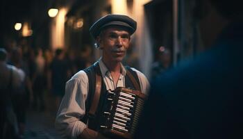 uno joven adulto guitarrista realiza en etapa generado por ai foto