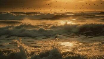 puesta de sol terminado el agua, olas rotura, gaviotas volador generado por ai foto