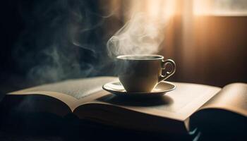 Coffee cup on table, steam rising, reading generated by AI photo