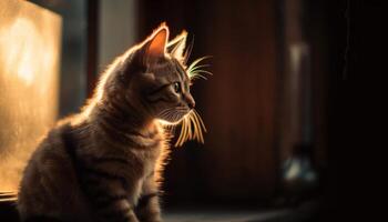 Fluffy kitten staring out window with curiosity generated by AI photo