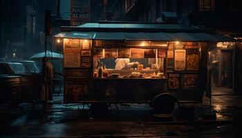 Nighttime street food vendors grill delicious meals generated by AI photo