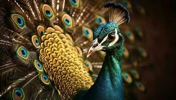 Majestic peacock displays ornate feather pattern generated by AI photo