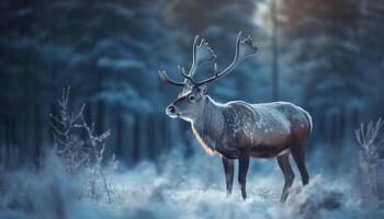 Horned stag stands in tranquil winter landscape generative AI photo