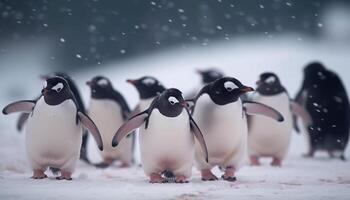 Gentoo penguins waddling in a snowy colony generative AI photo