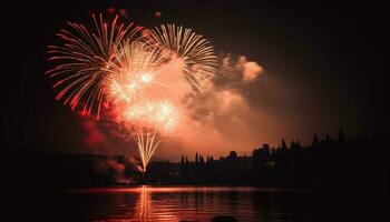 Vibrant colors illuminate city skyline in fireworks celebration generated by AI photo